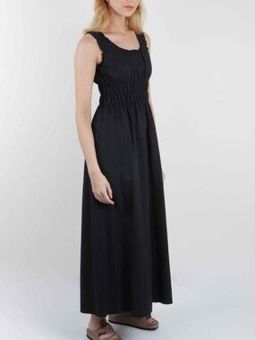AVN Sleeveless Black Smocked Accordion Maxi Dress | S